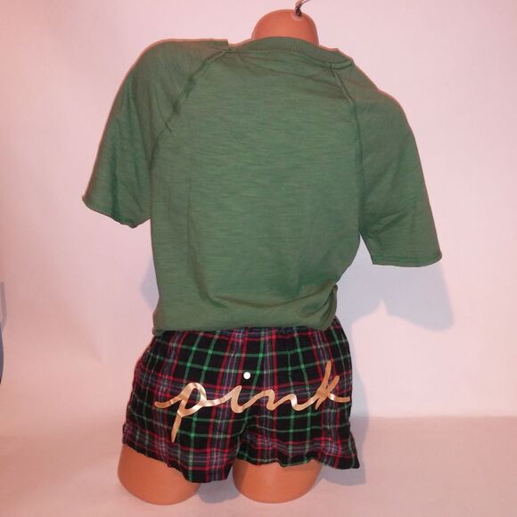 Victoria Secret PINK Pajama Set Short Sleeve & Shorts XS Green Black Red Logo Pl - Picture 7 of 13